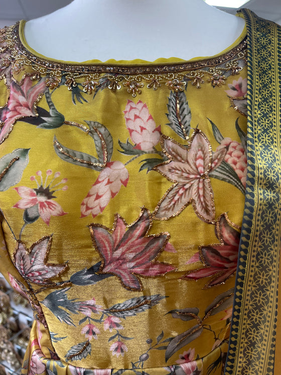 Printed Tissue Silk Gown Mustard
