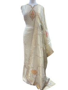  Banarsi Silk with Tissue Unstitched Suit Ivory