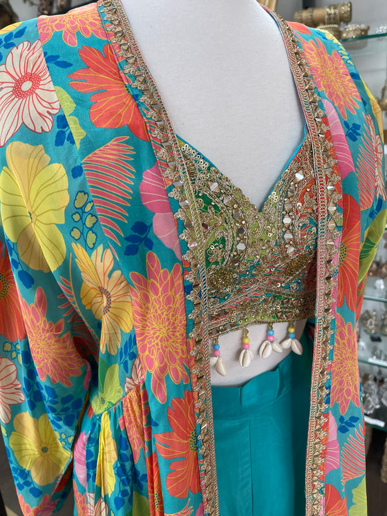 Printed Jacket Sharara Suit Blue