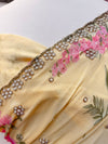 Floral Printed Georgette Sari with Pearl Embroidery Yellow