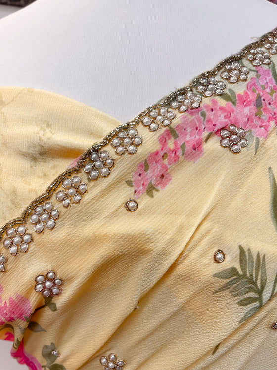 Floral Printed Georgette Sari with Pearl Embroidery Yellow