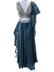  Embroidered Wide Leg Satin Sharara Suit Dark Teal