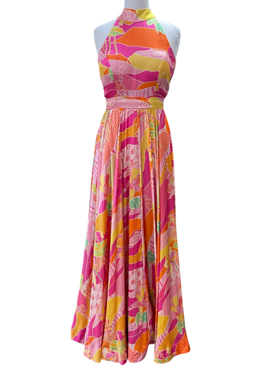 Printed Satin Maxi Gown Pink/Yellow