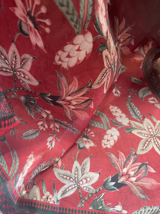 Printed Tissue Silk Gown Dark Green
