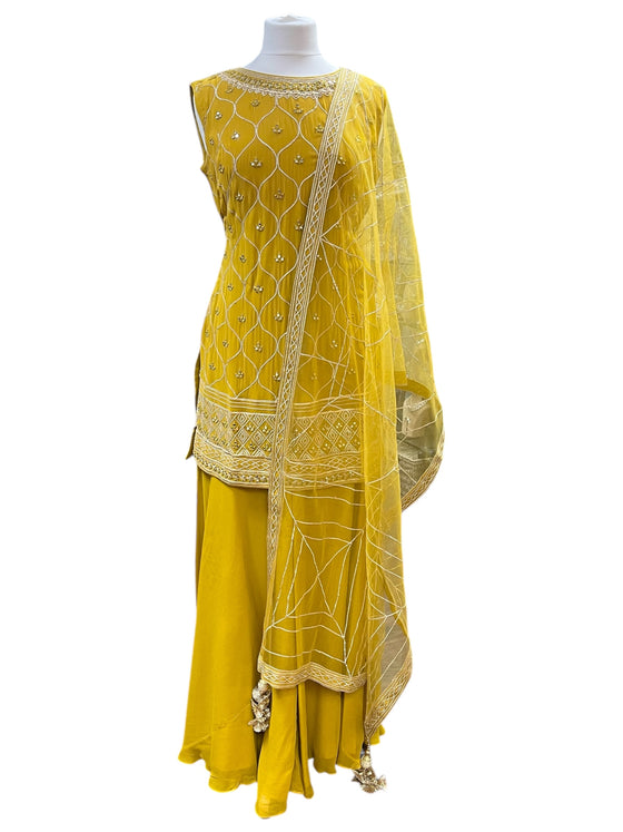 Gotta Embroidered Sharara Suit with Jacket Mustard