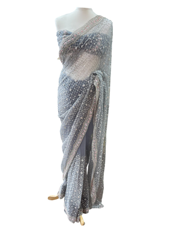 Grey Net Embroidery Sari
