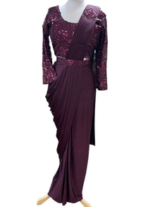  Pre-Pleated Sari Gown with Embellished Blouse Maroon