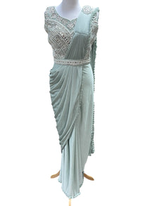  Pre-Pleated Sari Gown with Embellished Blouse Sage Green