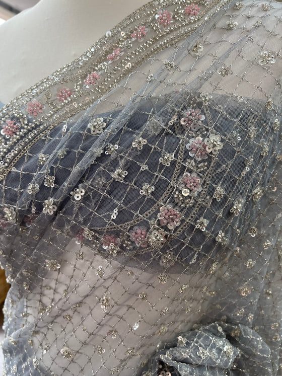 Grey Net Embroidery Sari