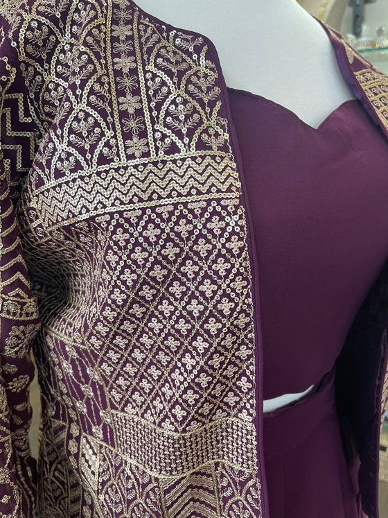 Short Embroidered Jacket Sharara Suit Plum