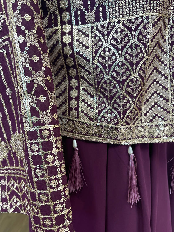 Short Embroidered Jacket Sharara Suit Plum