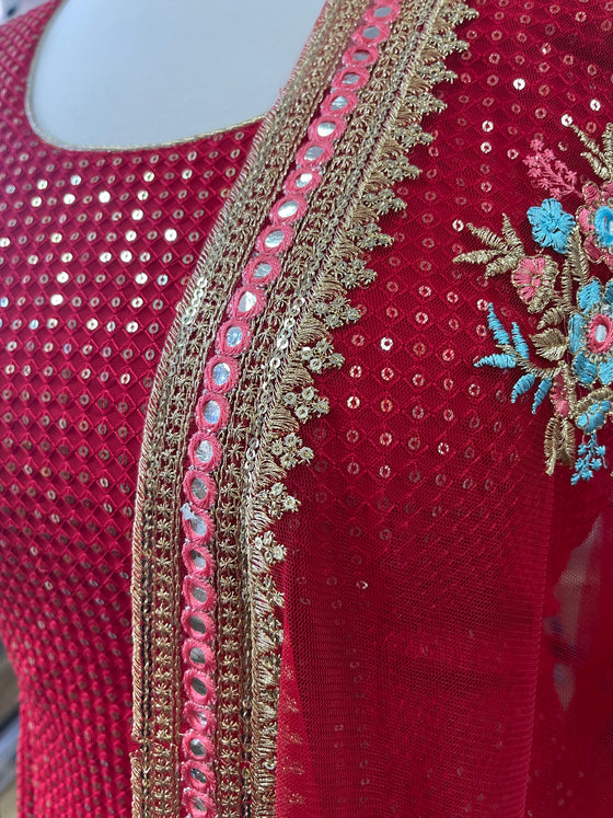 Sequin Embroidered Pajami Suit Red