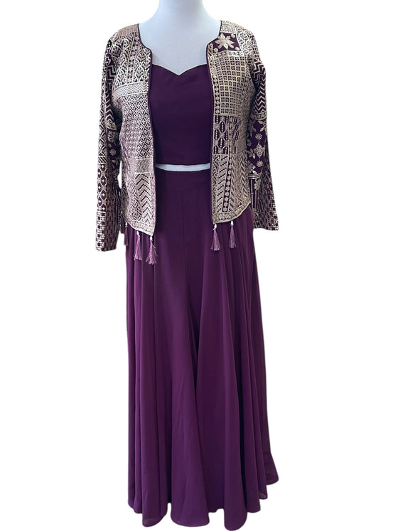 Short Embroidered Jacket Sharara Suit Plum