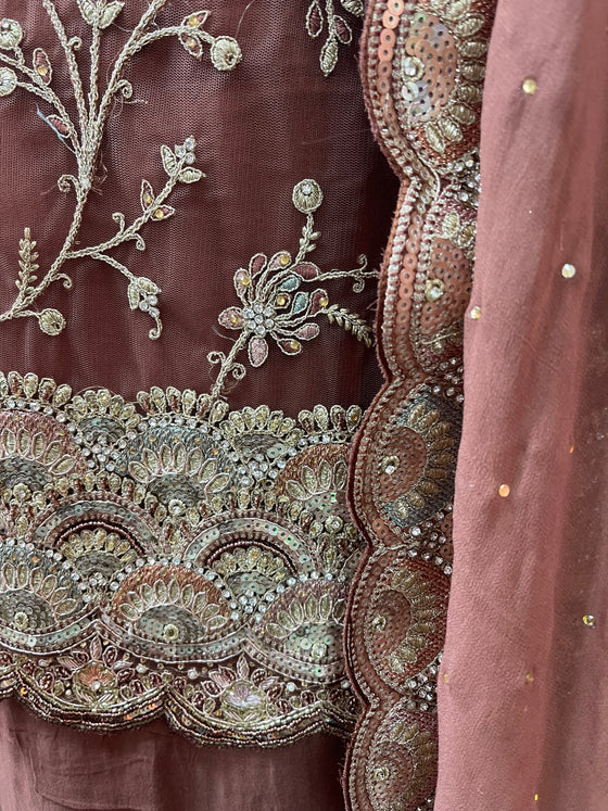 Unstitched Embroidered Net Suit Rust