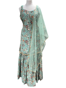  Printed Silk Ghararah Suit Green