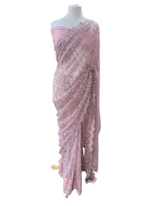  Sequin Embroidered Net Sari Pink