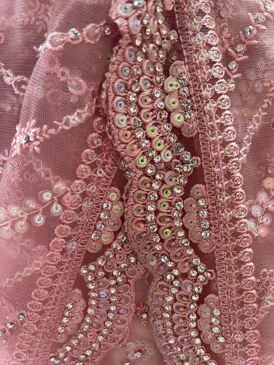 Embroidered Net Sari Pink