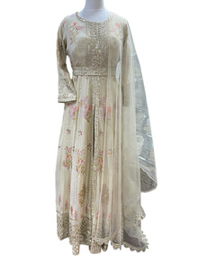  Soft Tissue Silk Embroidered Anarkali Golden Ivory