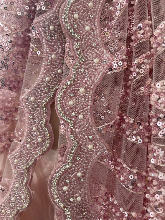 Sequin Embroidered Net Sari Pink