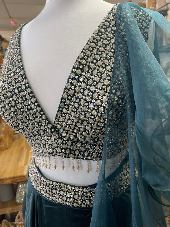 Embroidered Wide Leg Satin Sharara Suit Dark Teal