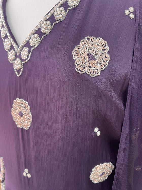 Long Style Georgette Embroidery Trouser Suit Purple