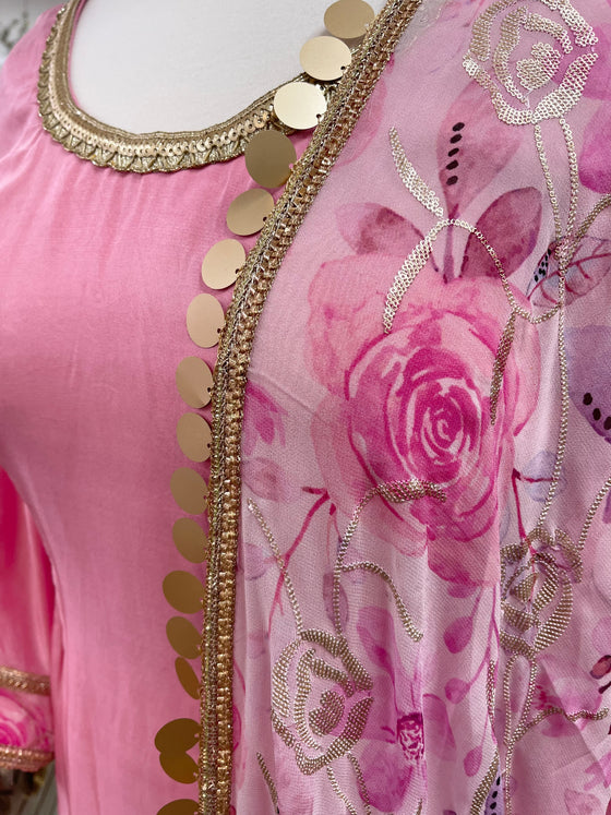 Silk Trouser Suit with Printed Dupatta Pink