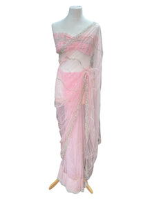  Embroidered Net Sari Baby Pink