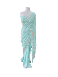  Floral Embroidery Georgette Sari Blue