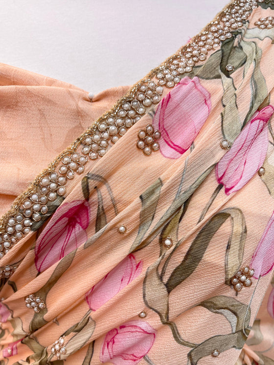 Floral Printed Georgette Sari with Pearl Embroidery Peach