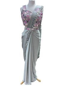  Pre-Pleated Sari Gown with Embellished Blouse Mint