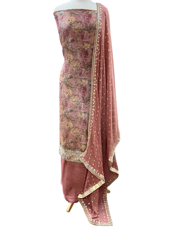 Floral Printed Crepe Tissue Unstitched Suit Mauve