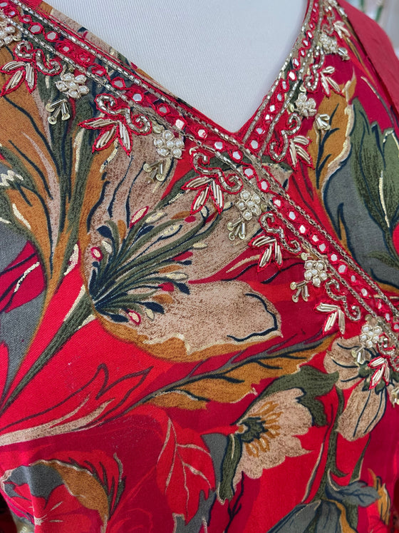 Floral Printed Trouser Suit Red