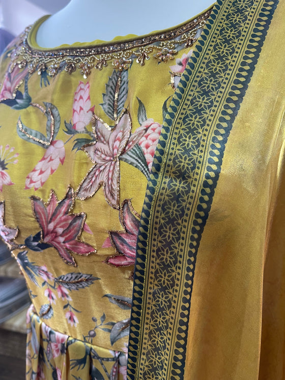 Printed Tissue Silk Gown Mustard