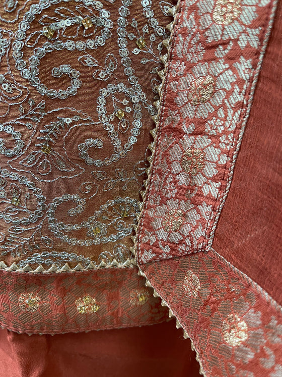 Embroidered Tissue Unstitched Suit Rust