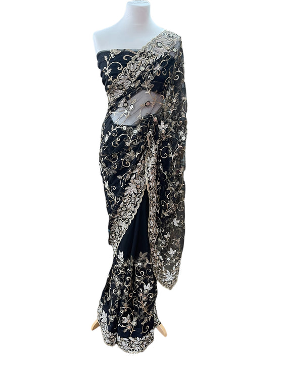 Embroidered Net Sari Black