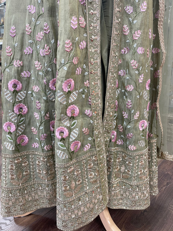 Soft Tissue Silk Embroidered Anarkali Sage