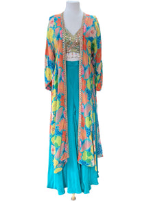  Printed Jacket Sharara Suit Blue