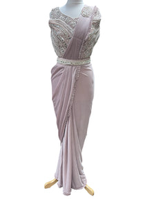  Pre-Pleated Sari Gown with Embellished Blouse Light Pink