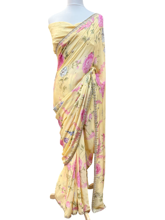 Floral Printed Georgette Sari with Pearl Embroidery Yellow