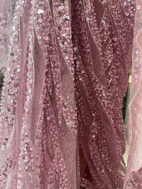 Sequin Embroidered Net Sari Pink