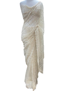  Embroidered Net Sari Ivory