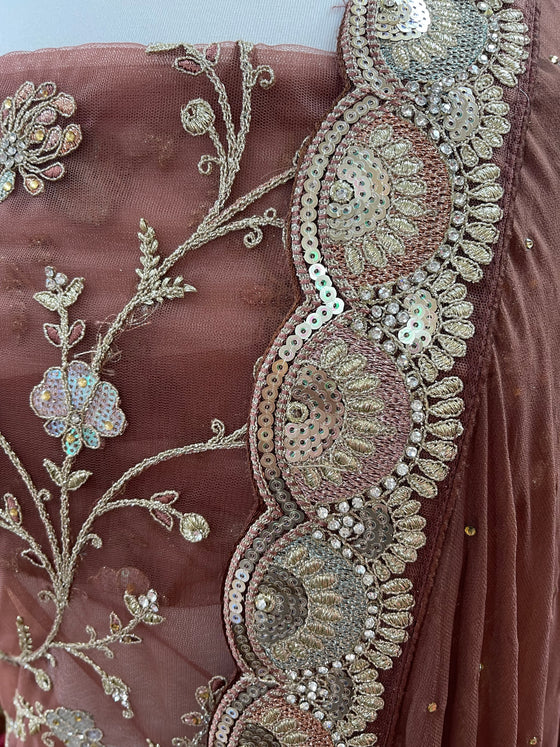 Unstitched Embroidered Net Suit Rust