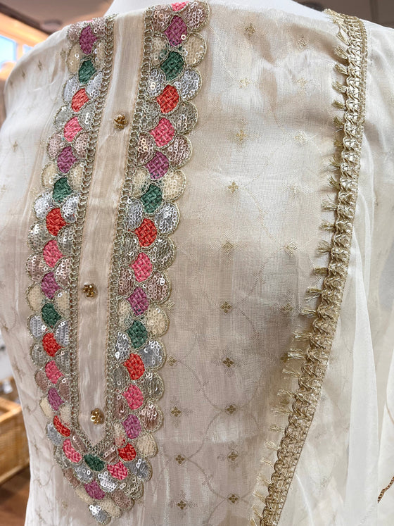 Banarsi Silk Unstitched Suit Ivory