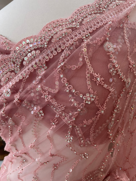 Embroidered Net Sari Pink