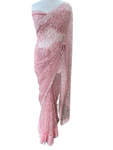  Embroidered Net Sari Pink