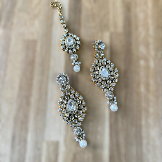 Gold Base White Stone Earring Tikka Set With Pearl