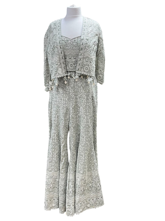 Embroidered Sharara Suit with a Shrug Sage Green