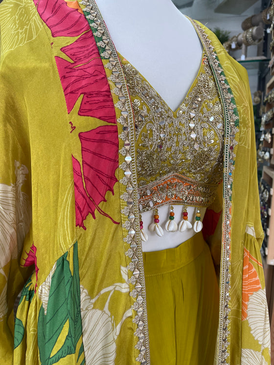 Printed Jacket Sharara Suit Mustard