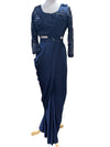 Pre-Pleated Sari Gown with Embellished Blouse Navy