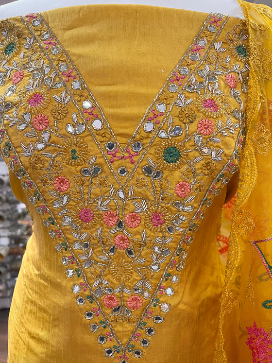 Embroidered Silk Unstitched Suit Yellow